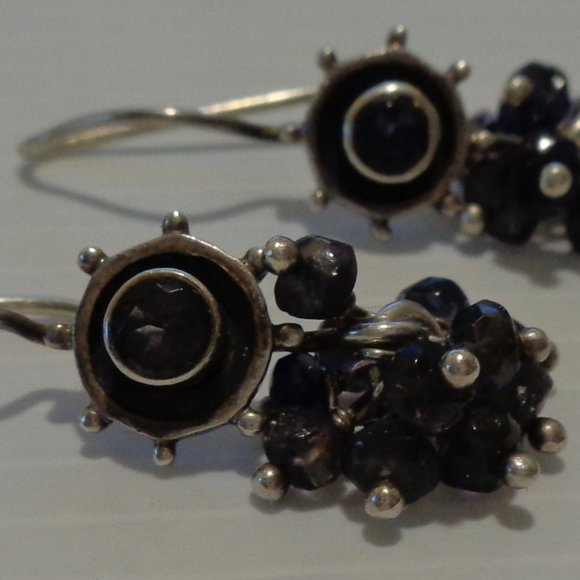 AMETHYST CLUSTER Drop Earrings Silvertone French Wires - Picture 3 of 5